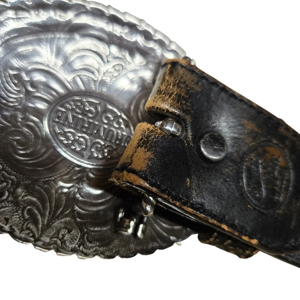Crumrine Western Belt Buckle  Cowboy Till Death Silver Creek Belt Black 36‎